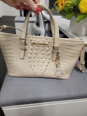 Brahmin Cream/Tan Croc-Embossed Leather Tote Satchel with Charm